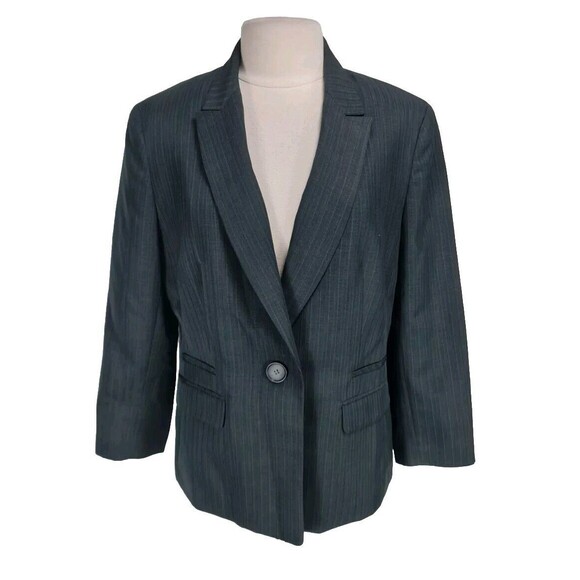 Le Suit Women Career Pantsuit Size 14 Pinstriped Charcoal One Button Blazer 197P - Picture 2 of 10
